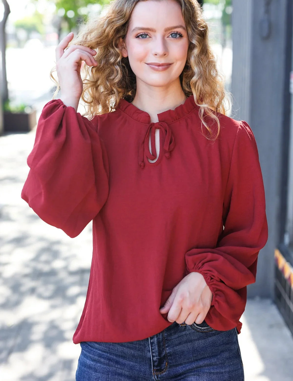 Feeling Femme Off Burgundy Frilled Edge V Neck Tie Top | Daverri Fashions