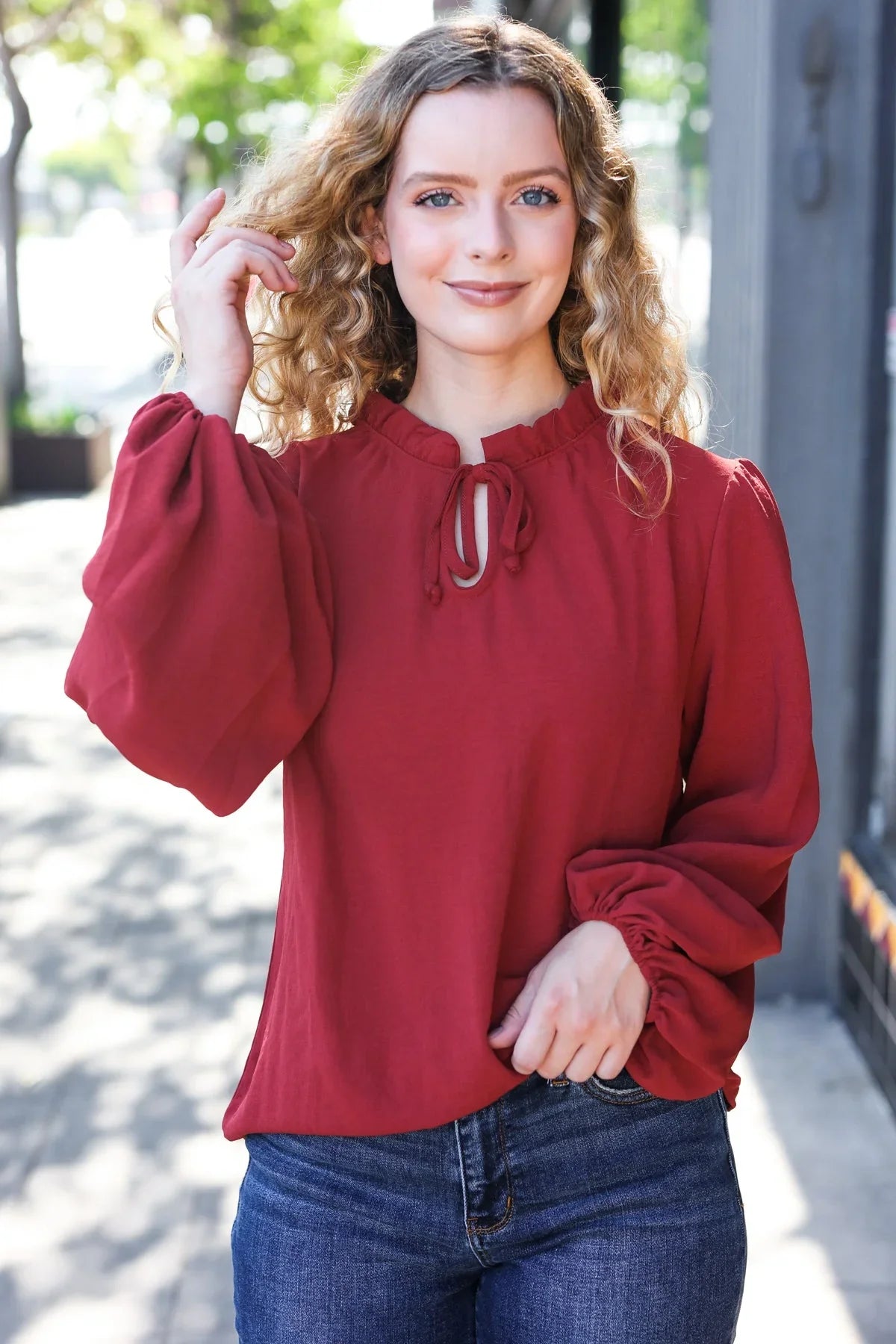 Feeling Femme Off Burgundy Frilled Edge V Neck Tie Top | Daverri Fashions