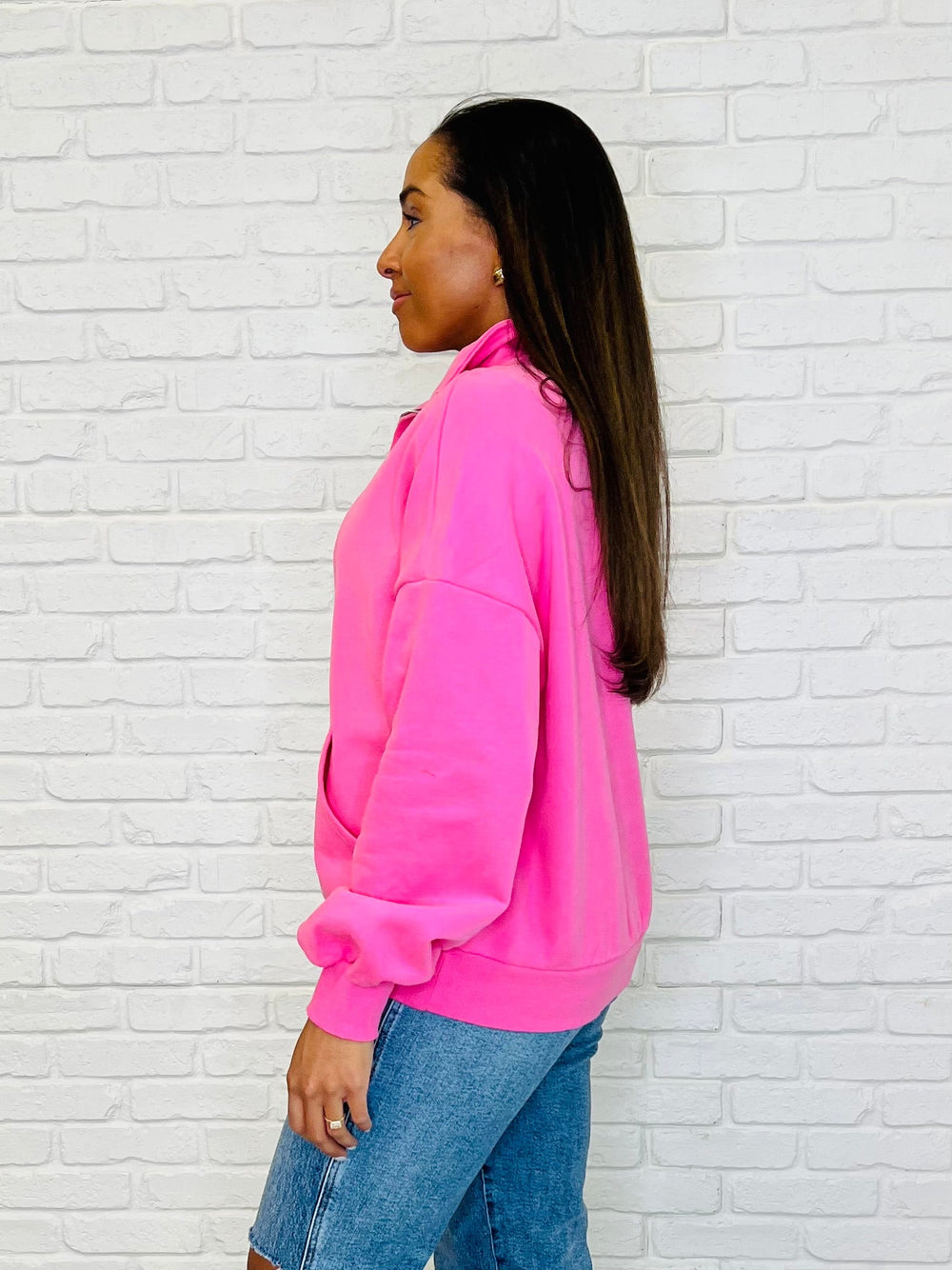 Pink Half Zip Pullover Loungewear Tops