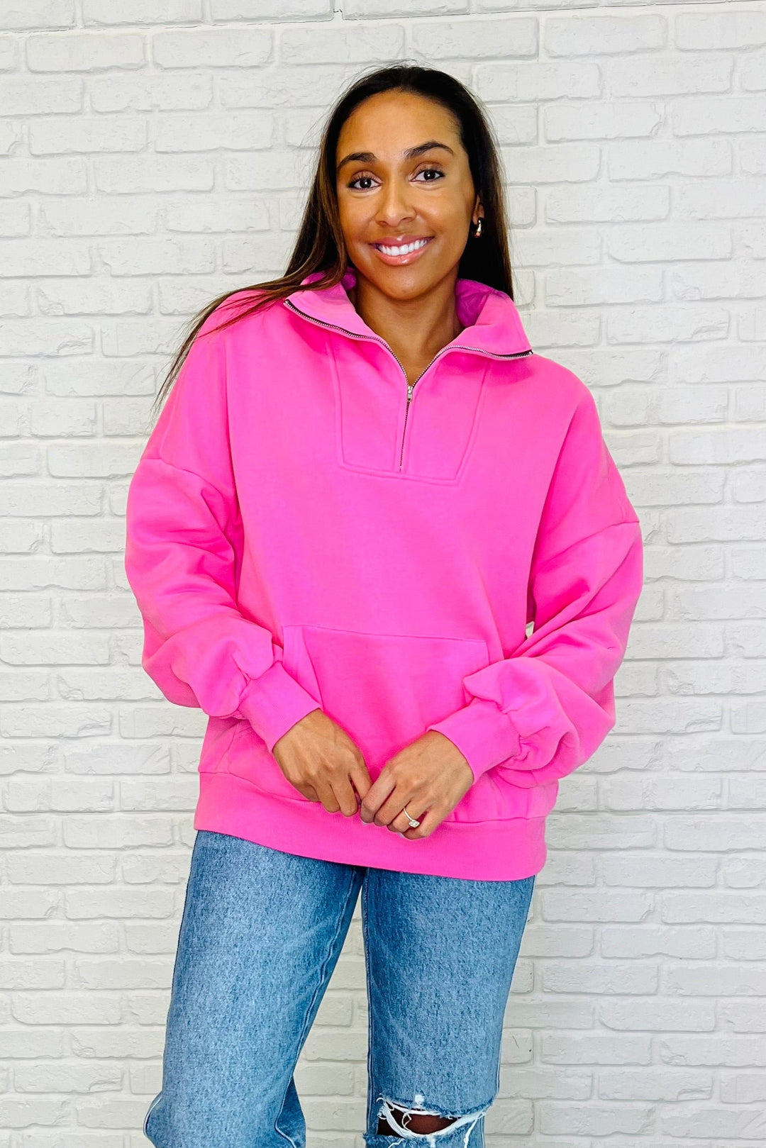 Pink Half Zip Pullover Loungewear Tops