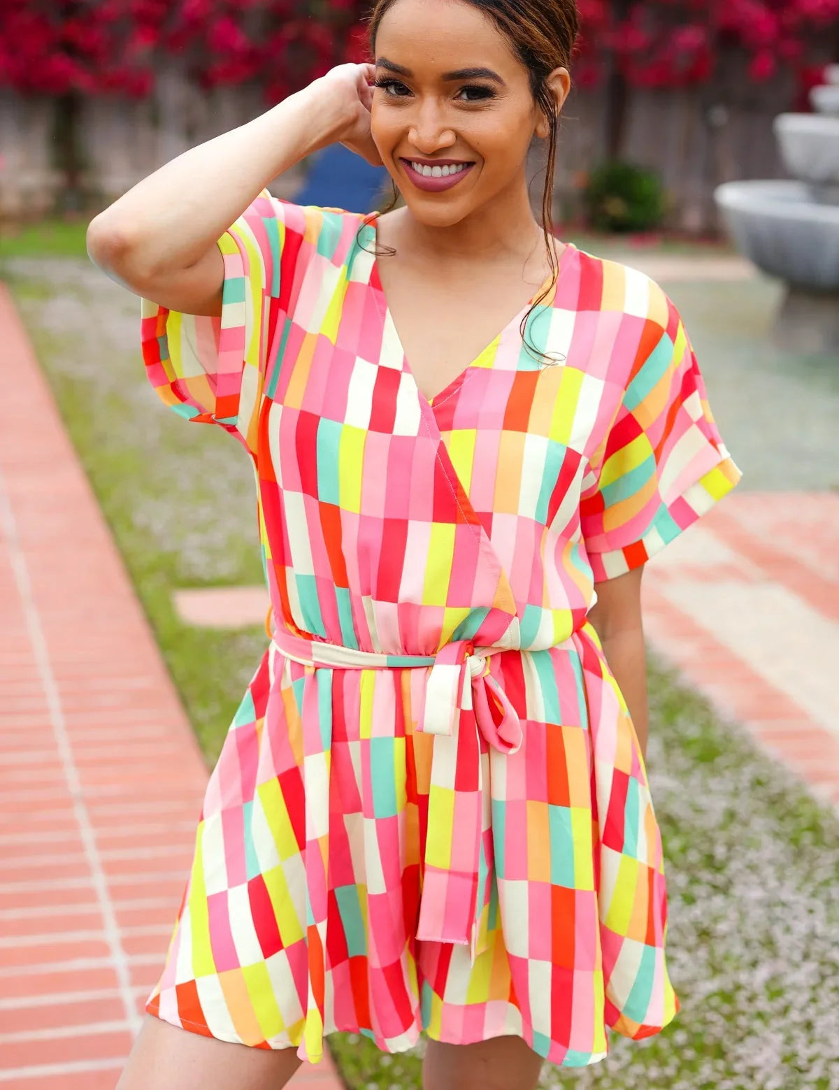 Eyes On You Coral Geo Abstract Surplice Woven Romper | Daverri Fashions