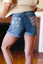 Stars & Stripes Pocket Button Down Cuffed Hem Shorts | 07-01-25 Summer Sale Daverri Fashions