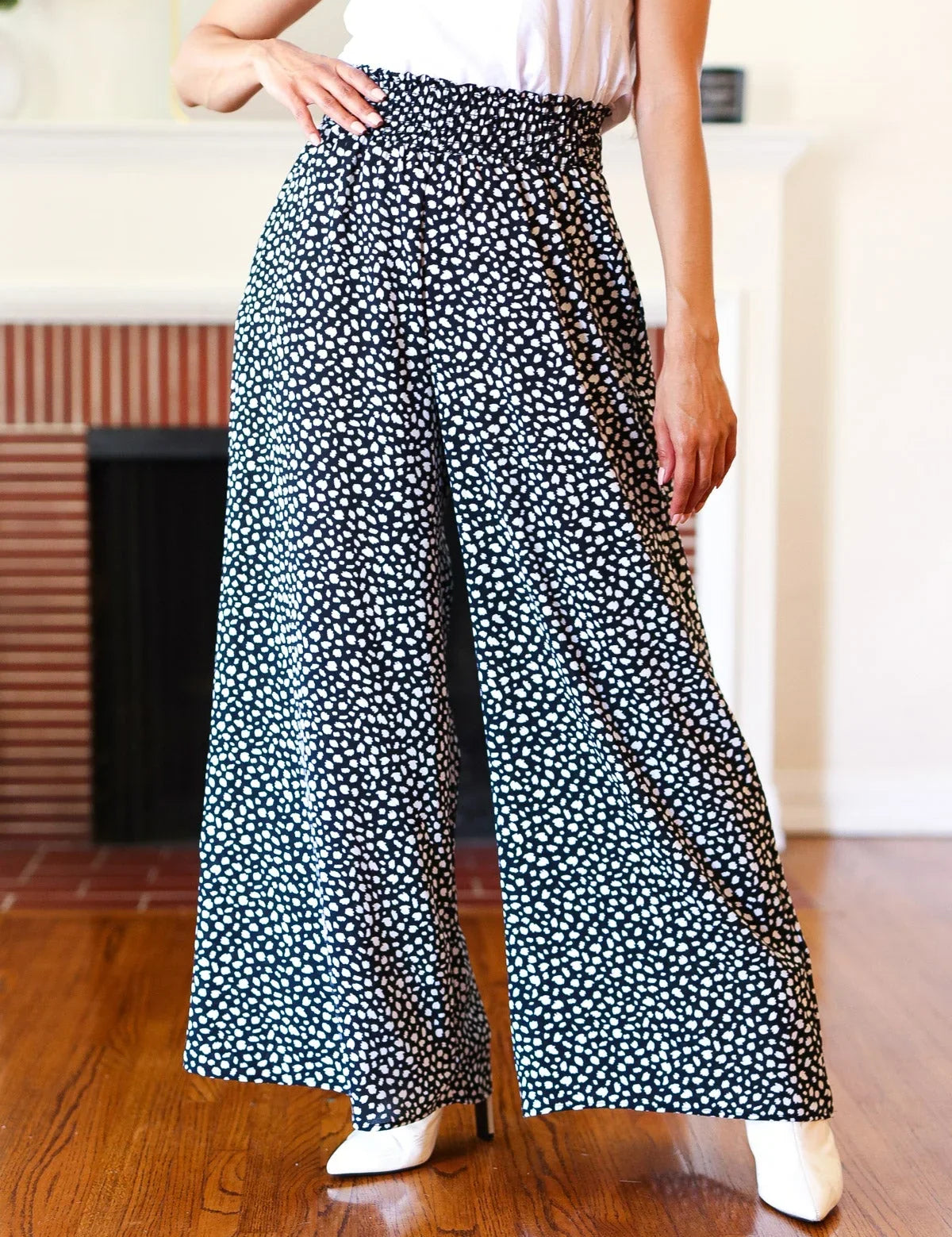 Let's Meet Up Black Animal Print Smocked Waist Palazzo Pants | Daverri Fashions