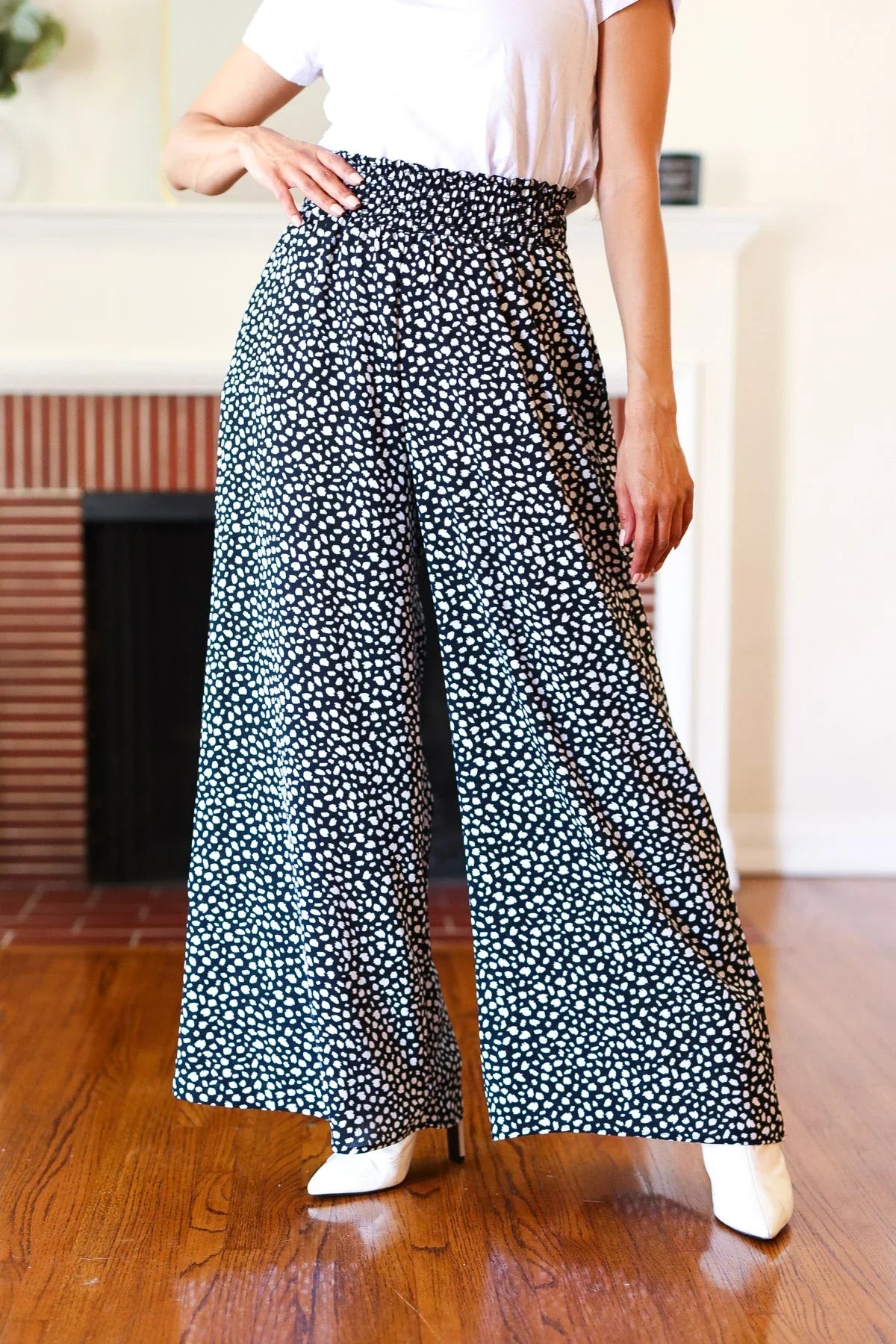 Let's Meet Up Black Animal Print Smocked Waist Palazzo Pants | Daverri Fashions