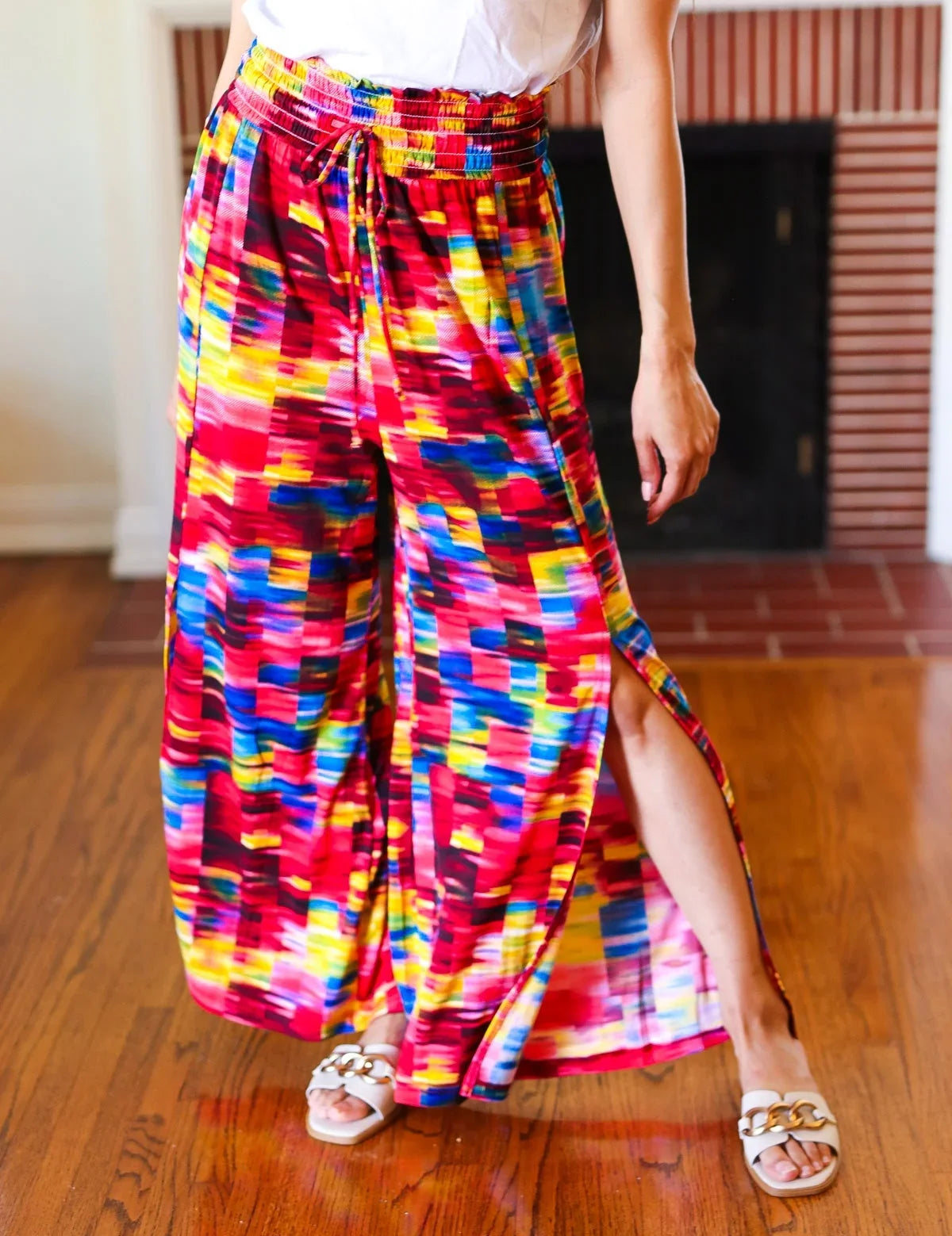 Vacay Vibes Kaleidoscope Smocked Waist Side Slit Palazzo Pants | 07-01-25 Summer Sale Daverri Fashions