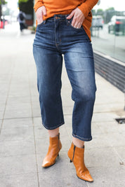 Judy Blue Dark Wash Mid Rise Cropped Wide Leg Jeans | Daverri Fashions