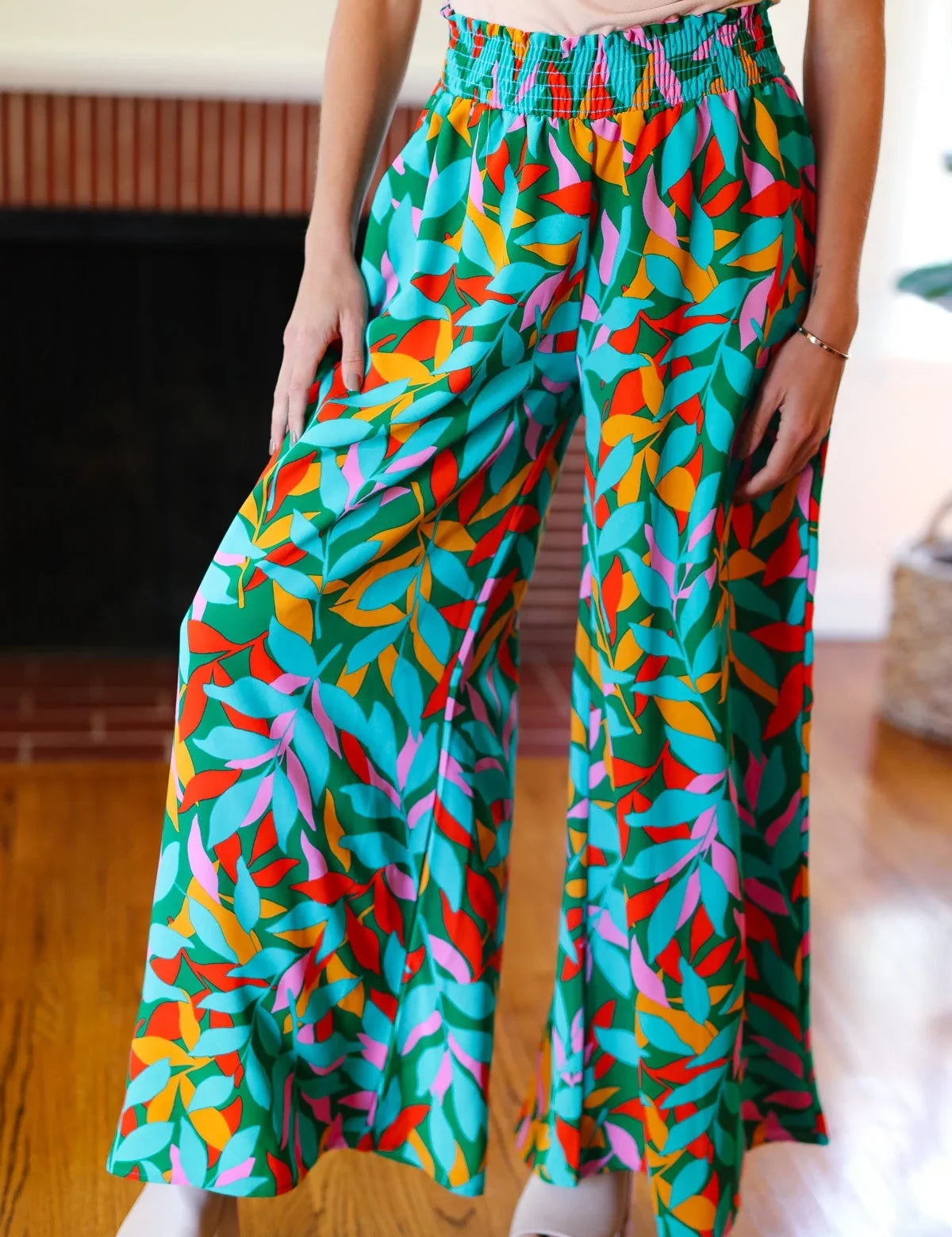 Summer Vibes Green & Orange Abstract Print Smocked Palazzo Pants | 2024 Summer Blow Out Sale Daverri Fashions
