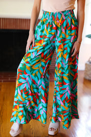 Summer Vibes Green & Orange Abstract Print Smocked Palazzo Pants | 2024 Summer Blow Out Sale Daverri Fashions