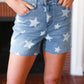 Light Wash Star Print High Rise Denim Shorts - DAVERRI FASHIONS