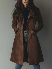 Brown suede button-up long sleeve trench coat with pockets