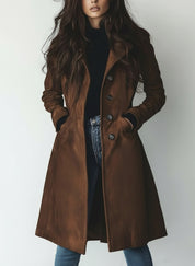Brown suede button-up long sleeve trench coat with pockets