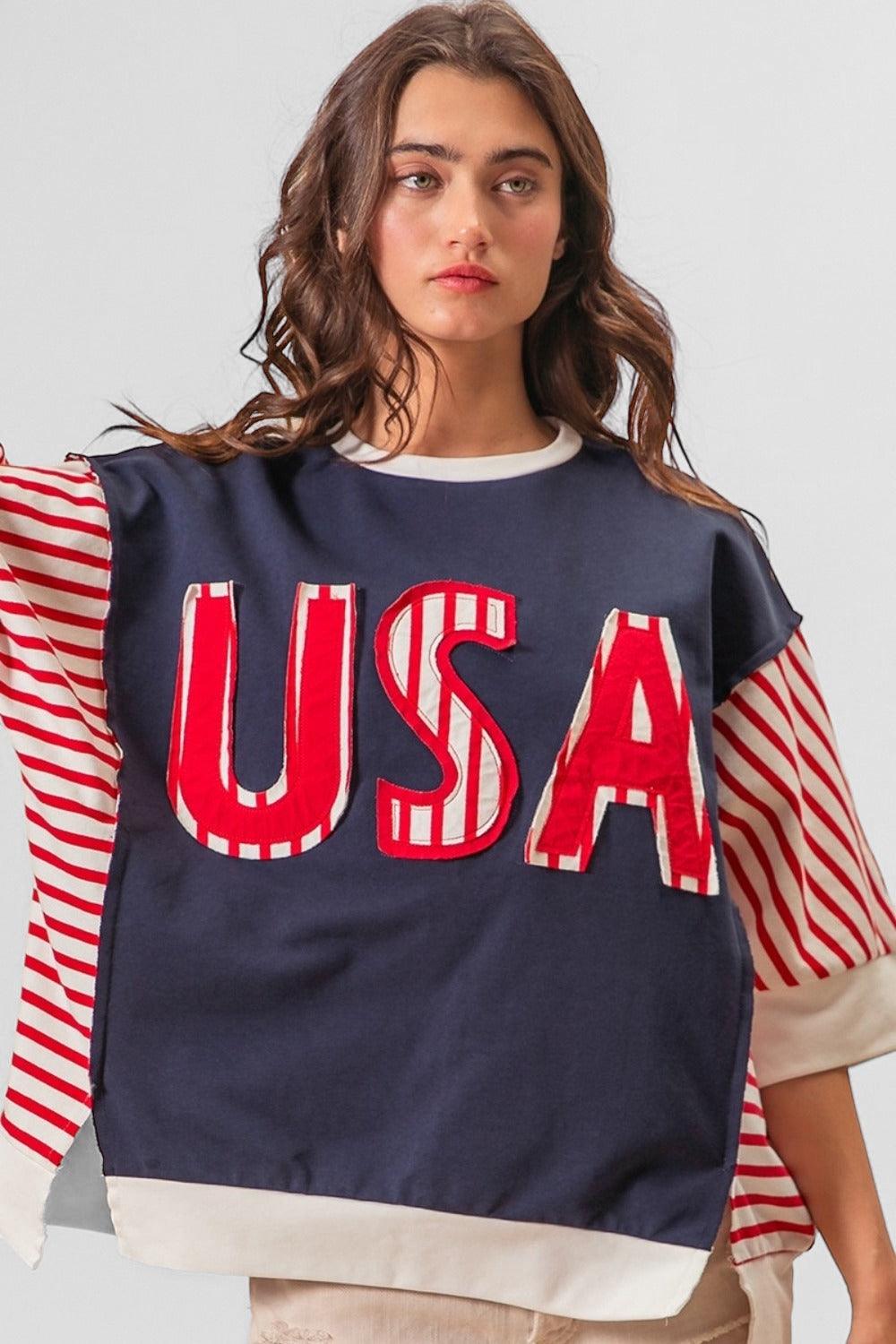 USA Letter Patchwork Short Sleeve T-Shirt Shirts & Tops