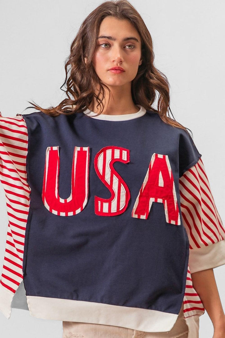 USA Letter Patchwork Short Sleeve T-Shirt Shirts & Tops