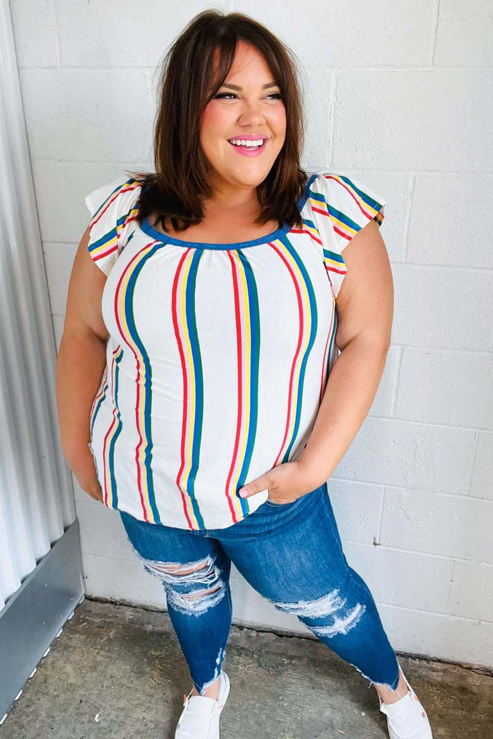 Multicolor Striped Raglan Flutter Sleeve Top | Daverri Fashions