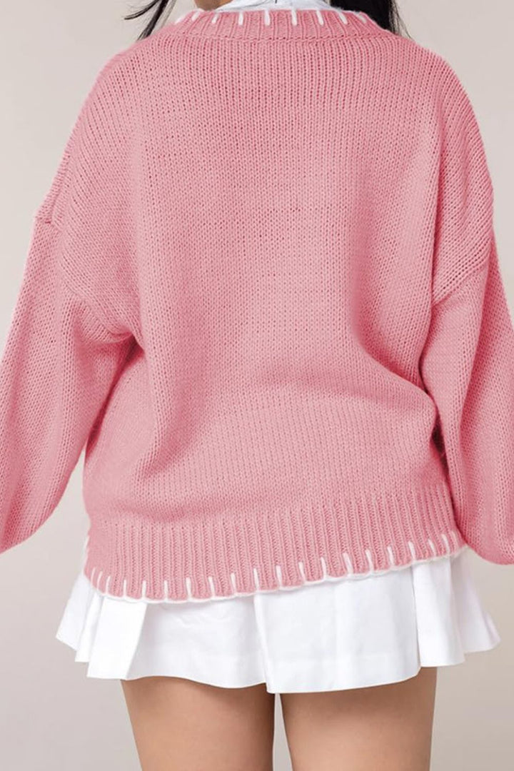 Bow Graphic Round Neck Long Sleeve Sweater | Sweaters Daverri Fashions