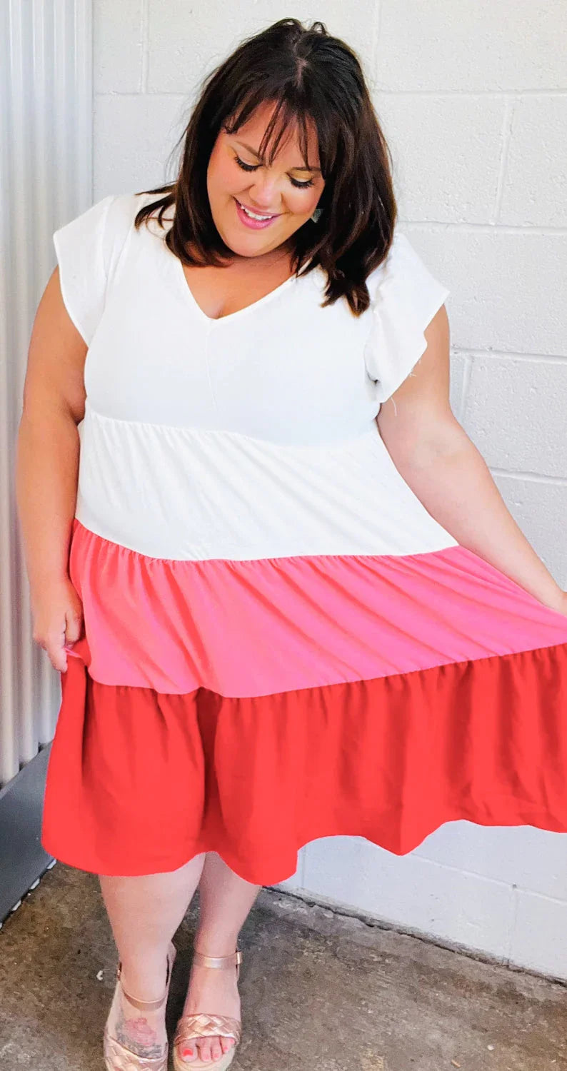 Peach & Cherry Red Tiered Frill Sleeve Midi Dress | Daverri Fashions