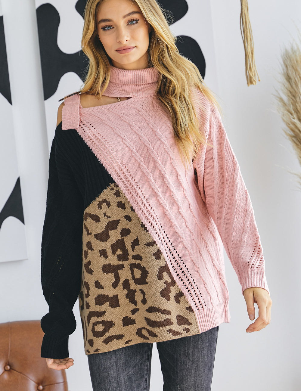 S Davi & Dani Turtle Neck Color Block Cutout Sweater | Sweaters Daverri Fashions