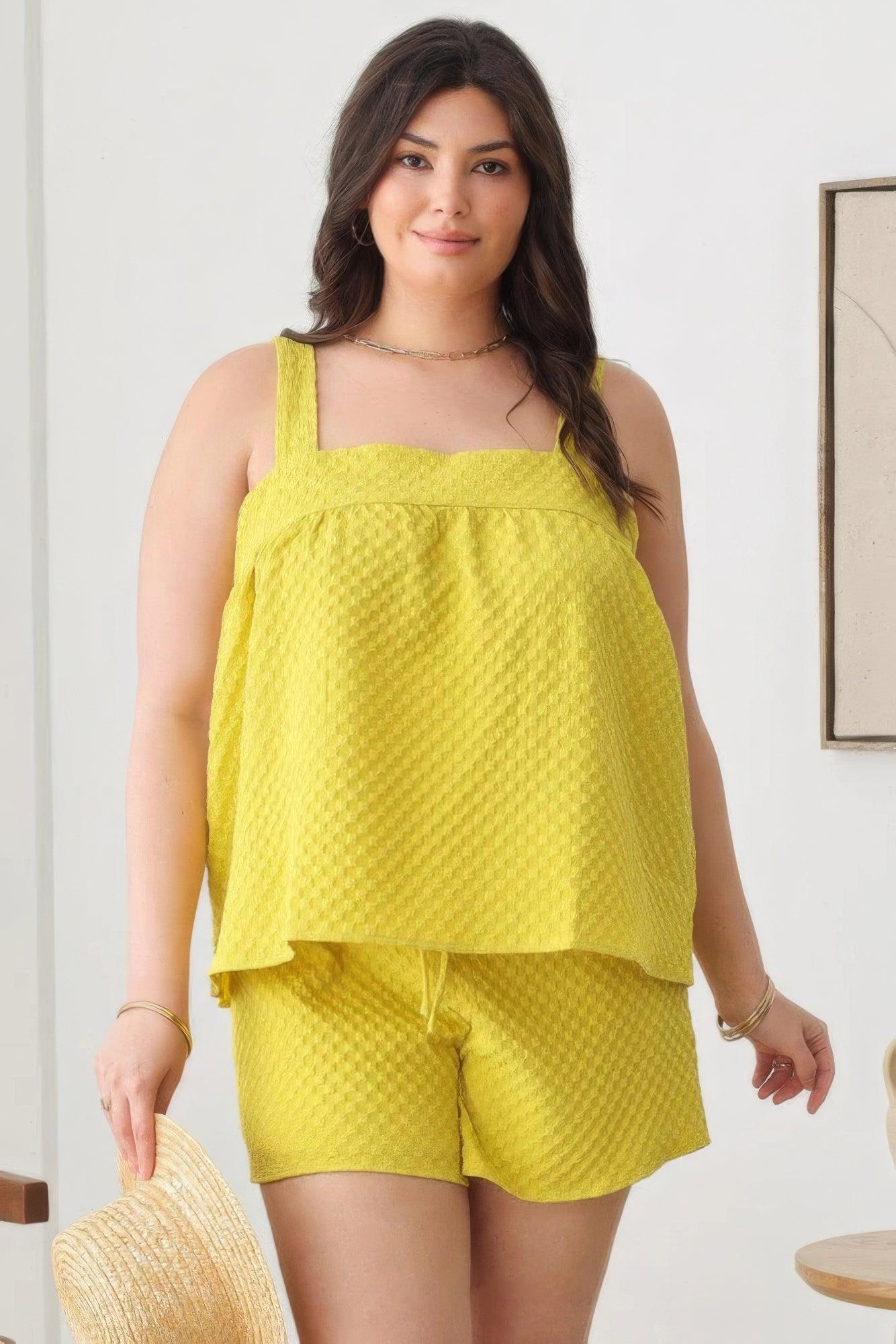 Plus Size Textured Top Elastic Waist Short Sets Short Sets