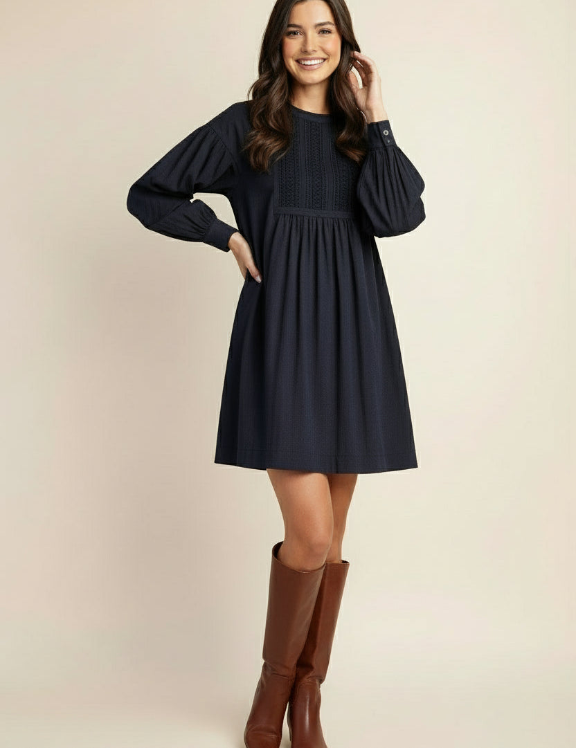 navy Gigio USA Lace Detail Long Sleeve Mini Dress Navy | Mini Dresses Daverri Fashions