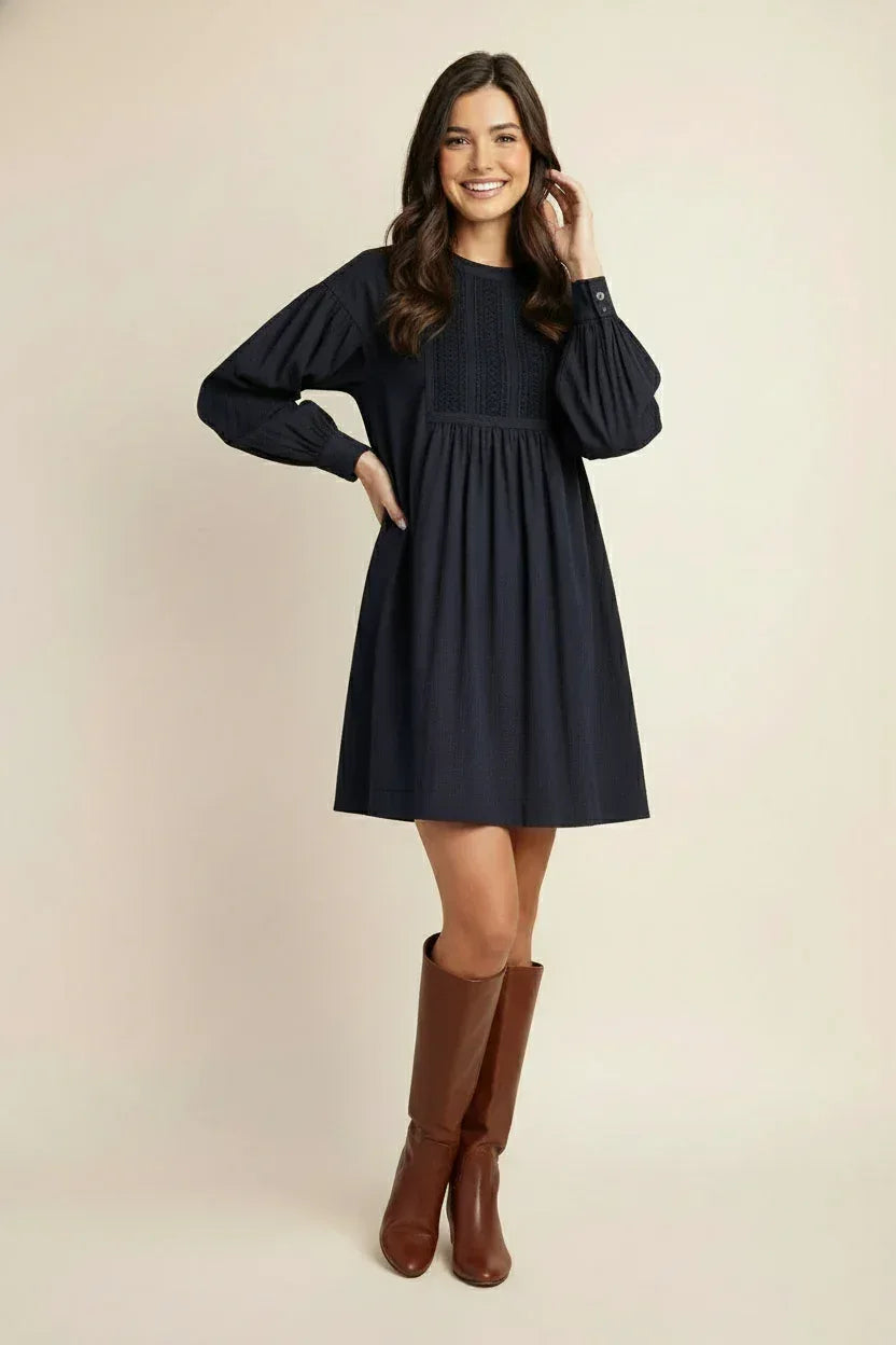 Gigio USA Lace Detail Long Sleeve Mini Dress Navy - DAVERRI FASHIONS