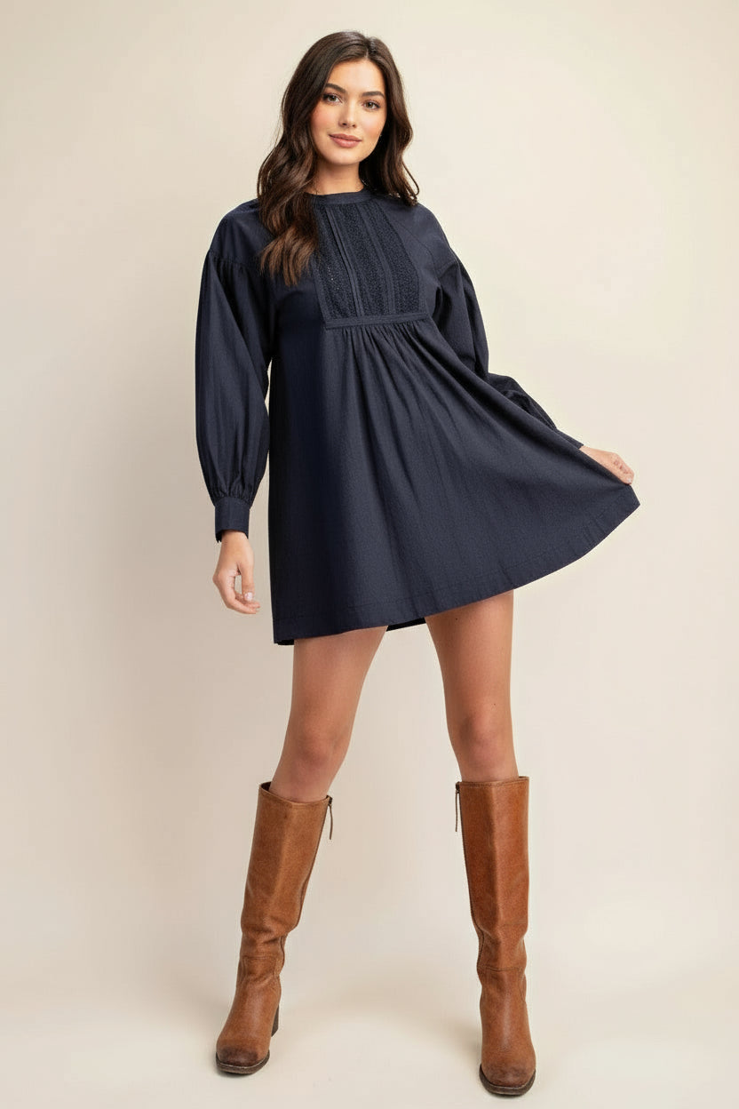 Gigio USA Lace Detail Long Sleeve Mini Dress Navy | Mini Dresses Daverri Fashions