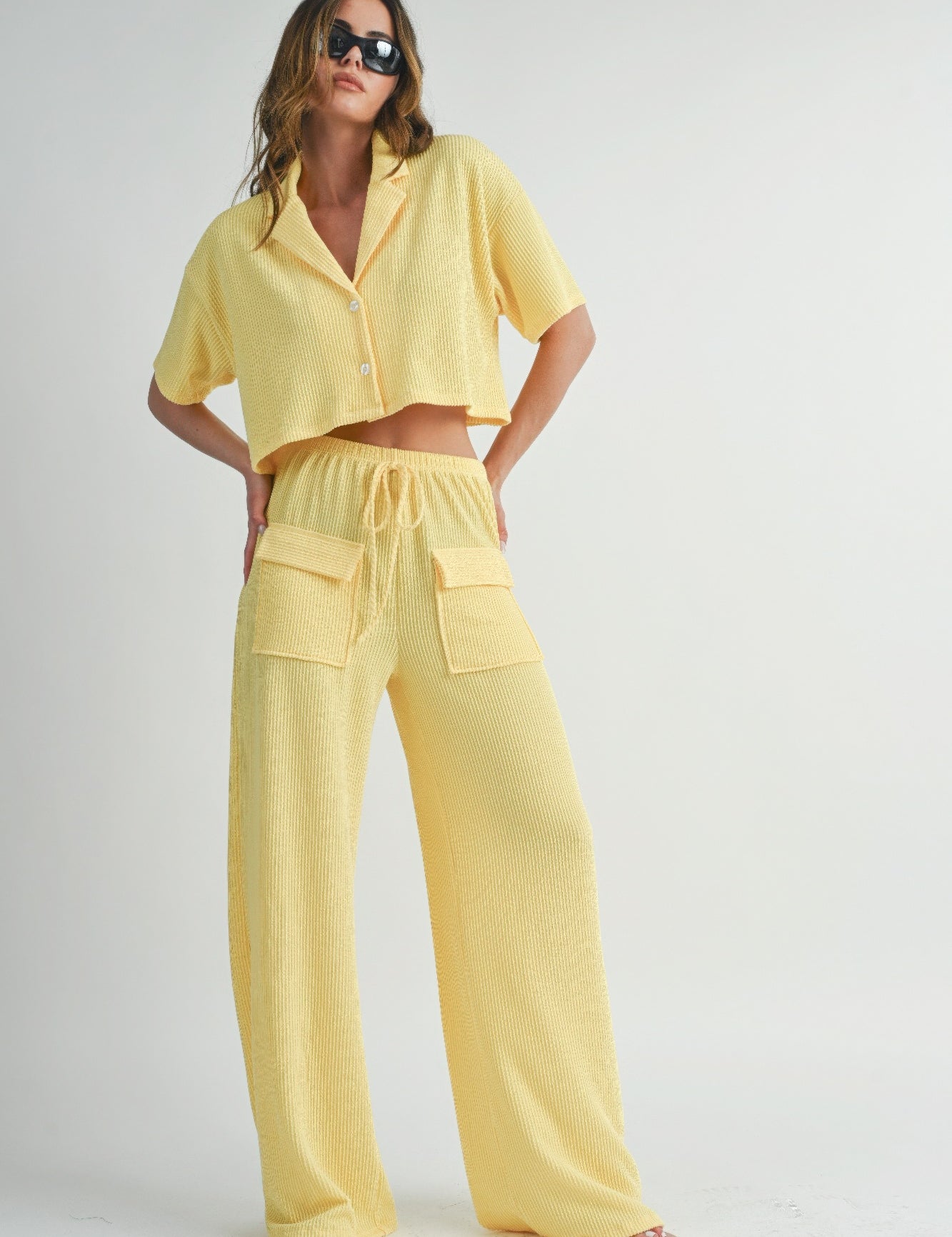 Lemon Drop Short Sleeve Crop Top and Pants Set Loungewear