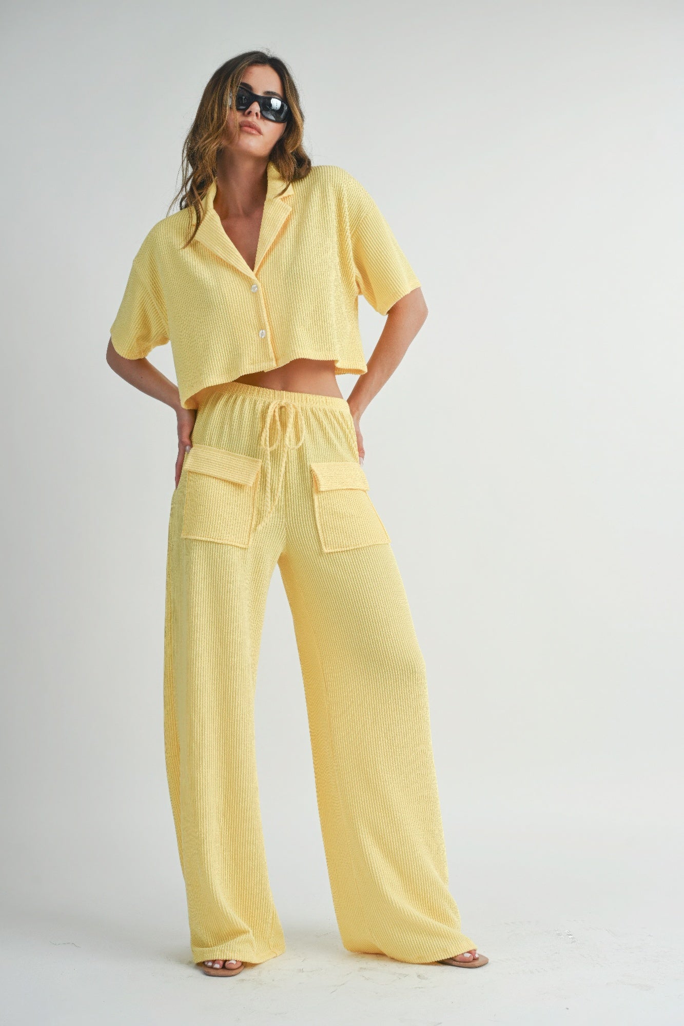 Lemon Drop Short Sleeve Crop Top and Pants Set Loungewear