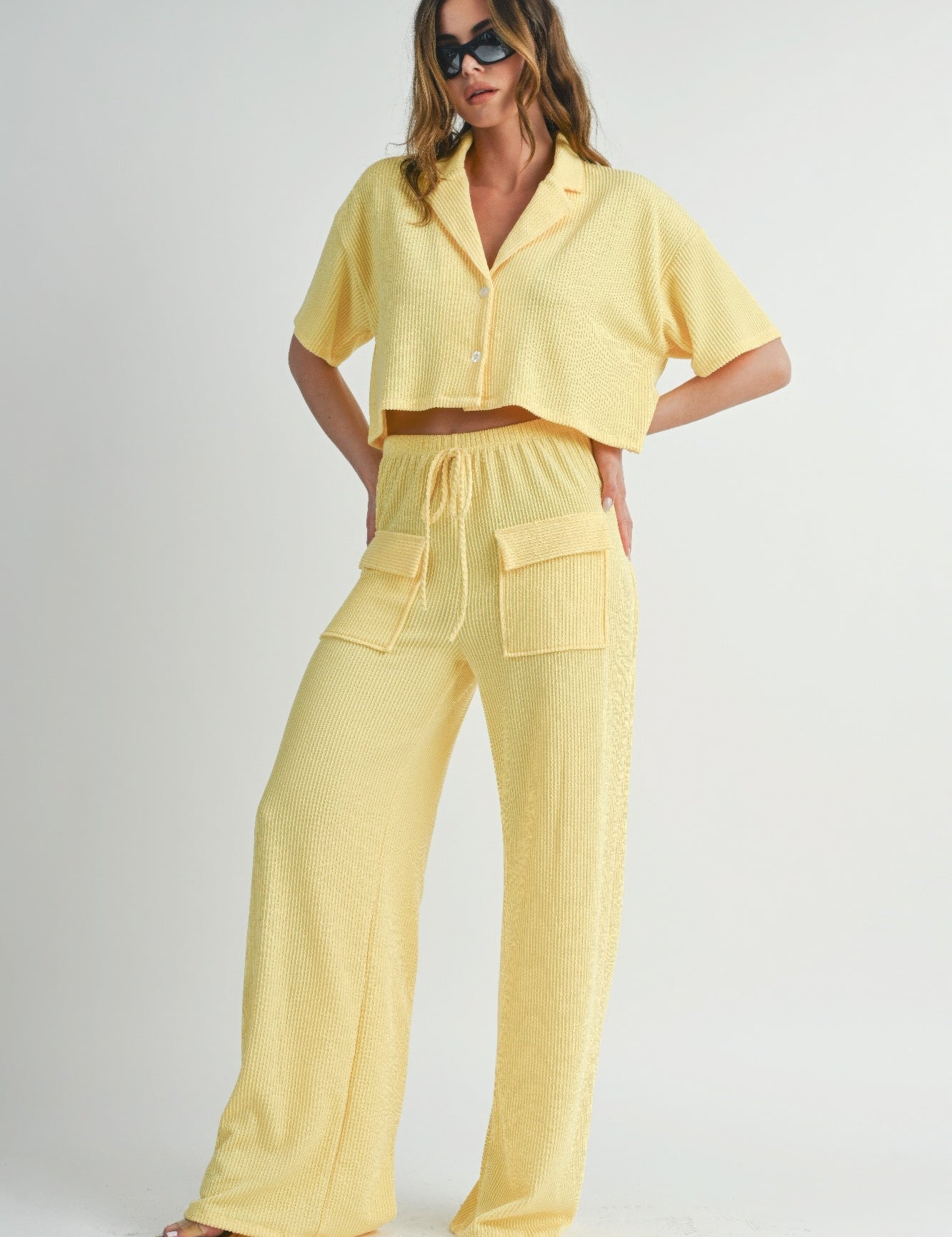 Lemon Drop Short Sleeve Crop Top and Pants Set Loungewear