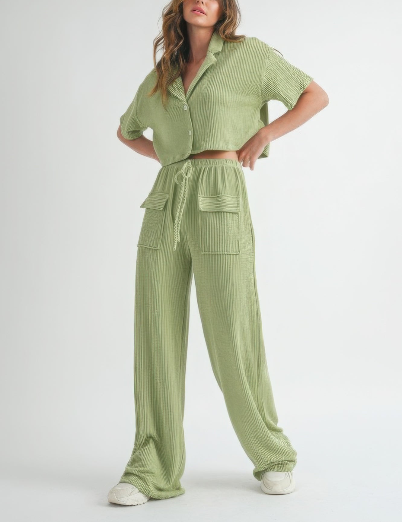 Sage Short Sleeve Crop Top and Pants Set Outfit Sets