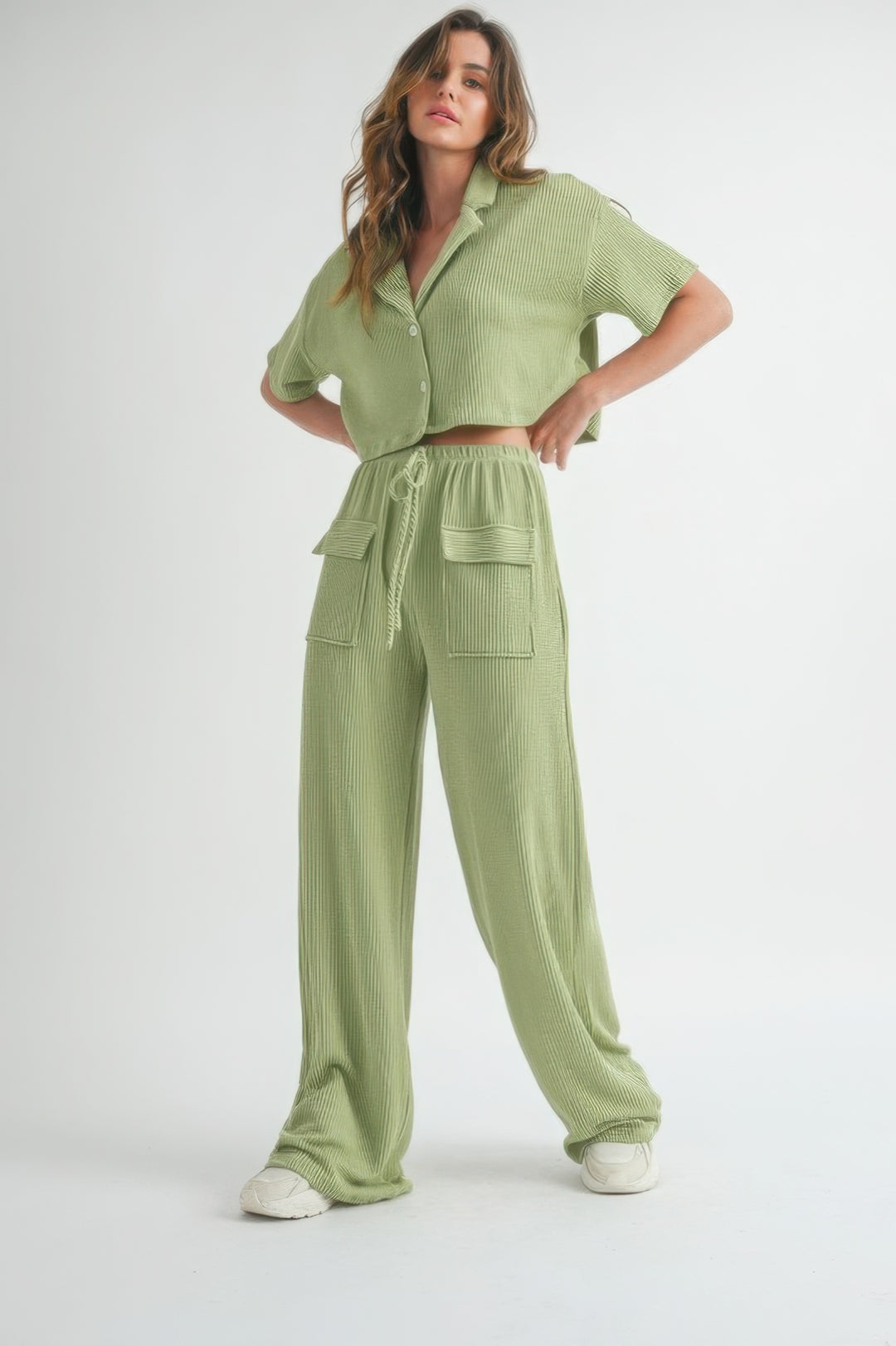 Sage Short Sleeve Crop Top and Pants Set Outfit Sets