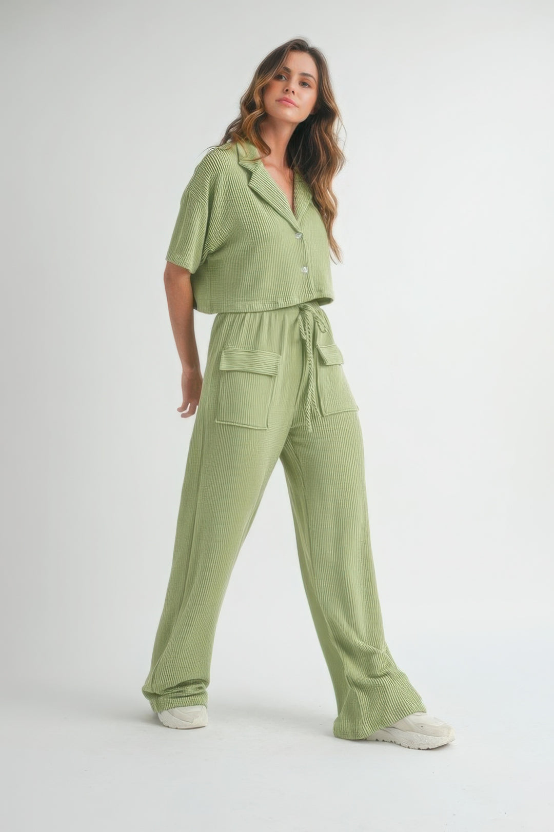 Sage Short Sleeve Crop Top and Pants Set Outfit Sets