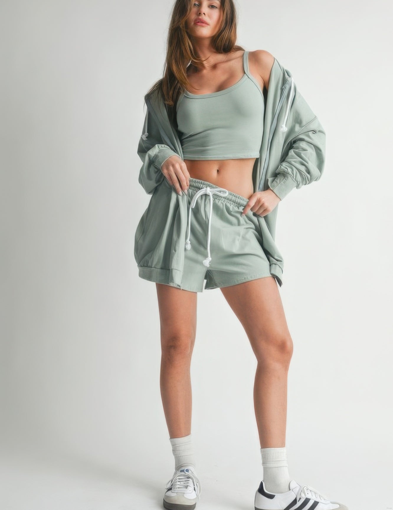 Green 3-Piece Sage Sweater Top Shorts Outfit Set | Outfit Sets Daverri Fashions