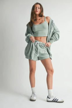 3-Piece Sage Sweater Top Shorts Outfit Set - DAVERRI FASHIONS