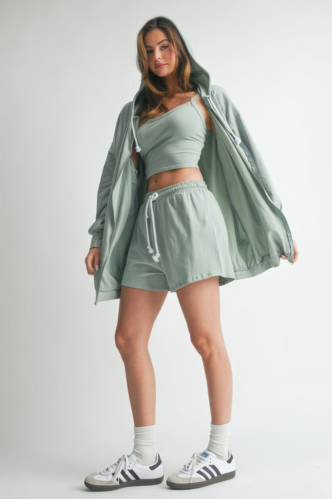 3-Piece Sage Sweater Top Shorts Outfit Set Outfit Sets