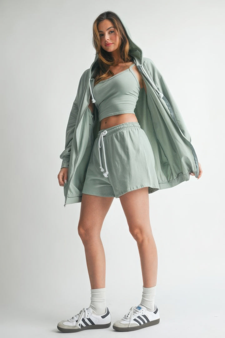 3-Piece Sage Sweater Top Shorts Outfit Set Outfit Sets