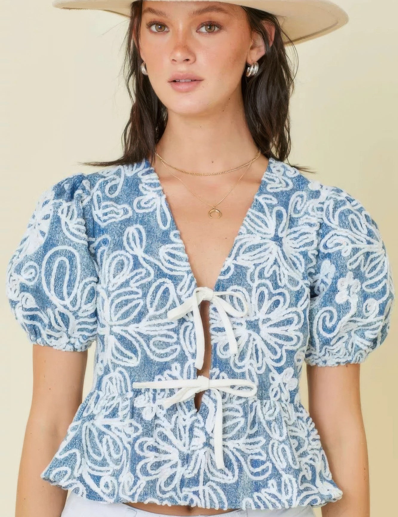 L Floral Denim Embroidered Crop Top With Front Tie Detail | Tops Daverri Fashions