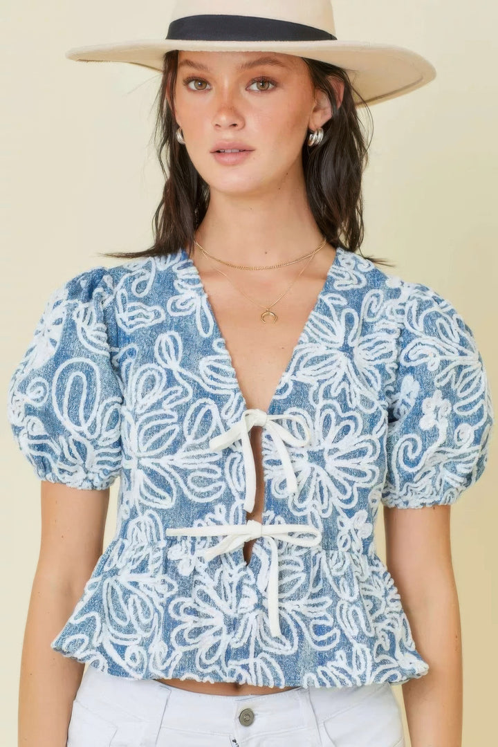 Denim Embroidered Crop Top With Front Tie Detail Floral Tops