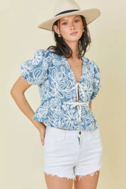 Denim Embroidered Crop Top With Front Tie Detail | Tops Daverri Fashions