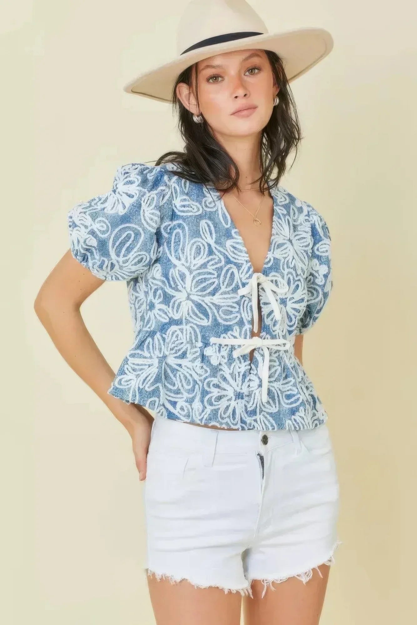 Denim Embroidered Crop Top With Front Tie Detail - DAVERRI FASHIONS