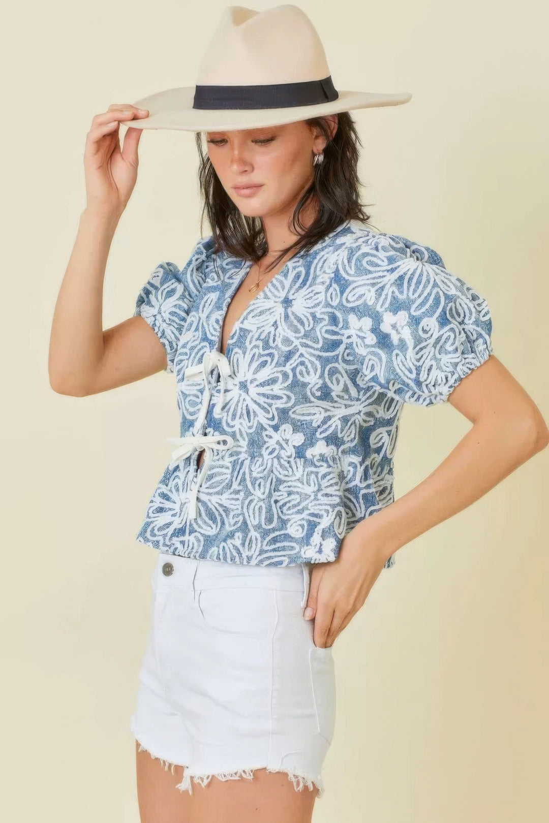 Denim Embroidered Crop Top With Front Tie Detail Tops