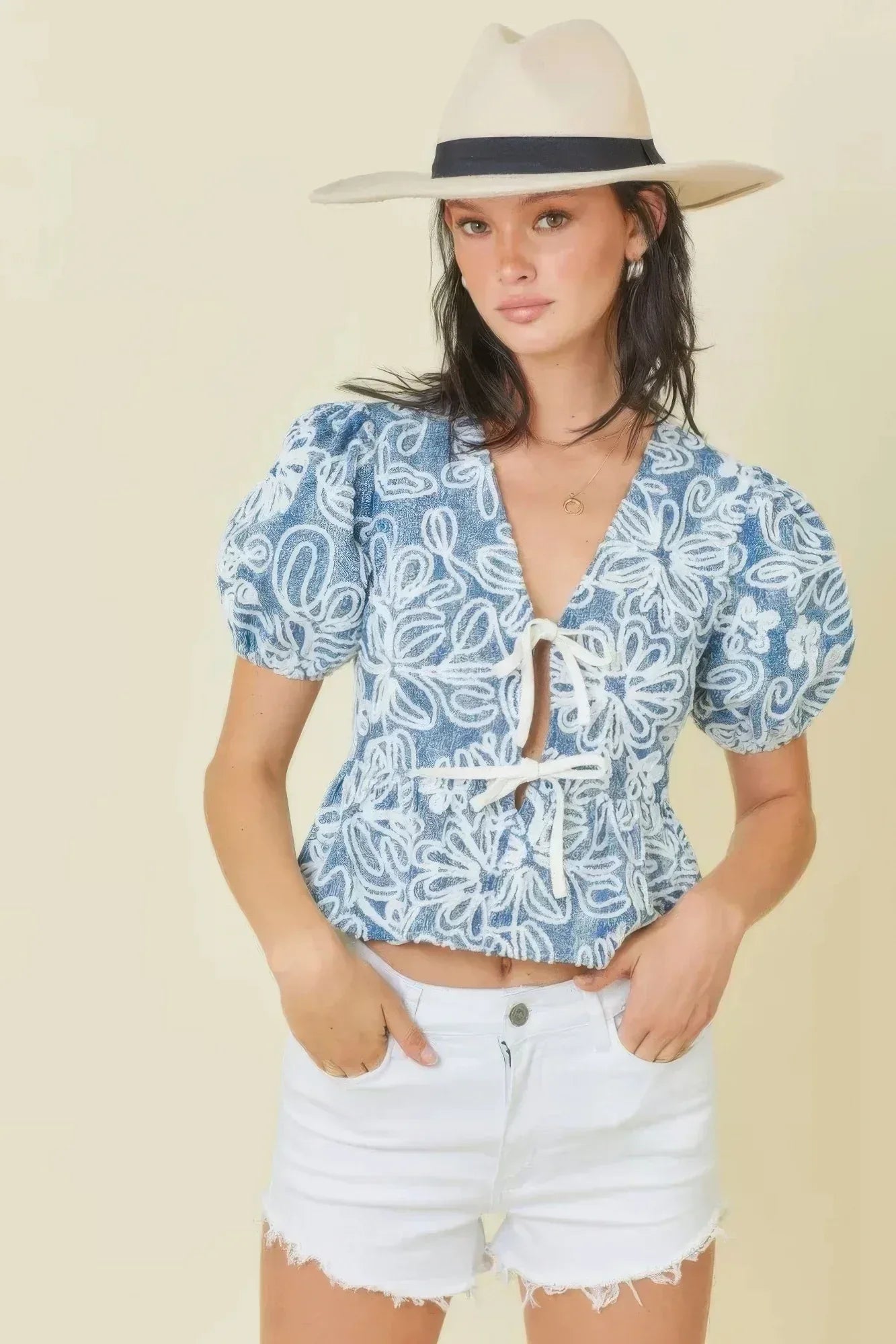 Denim Embroidered Crop Top With Front Tie Detail - DAVERRI FASHIONS