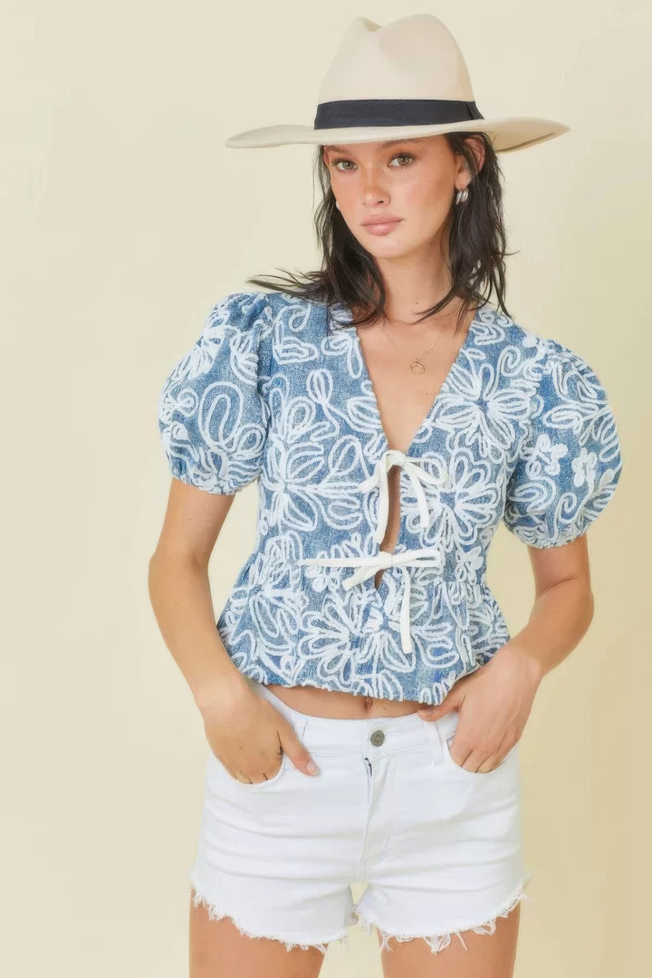 Denim Embroidered Crop Top With Front Tie Detail Tops