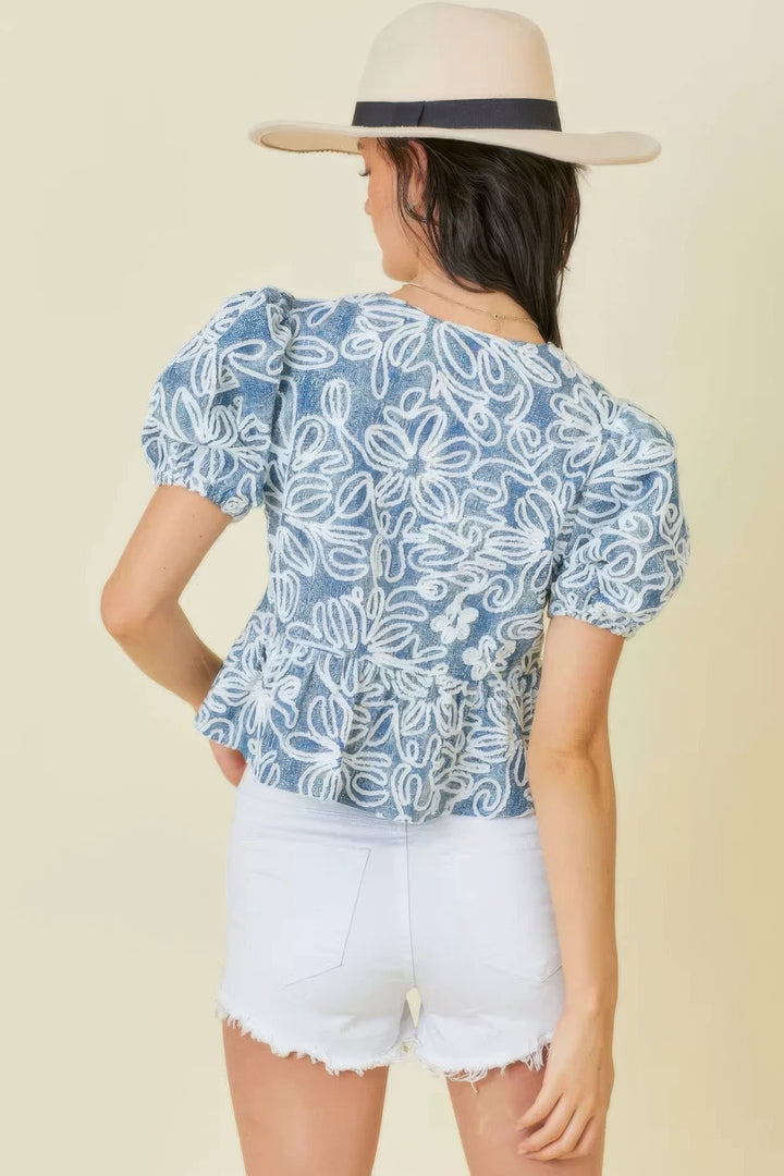 Denim Embroidered Crop Top With Front Tie Detail Tops