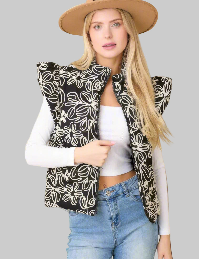 Black Floral Velvet Embroidered Denim Puffer Vest | Vests Daverri Fashions