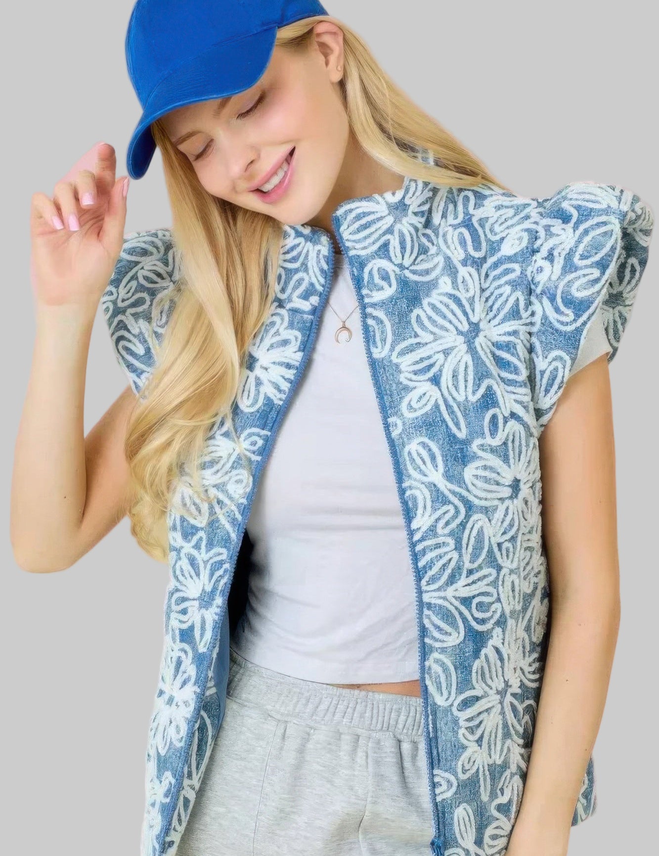 L Floral Velvet Embroidered Denim Puffer Vest | Vests Daverri Fashions