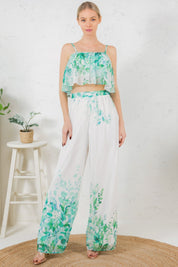 Printed Crop Top & Wide Leg Long Pants Set L Outfit Sets