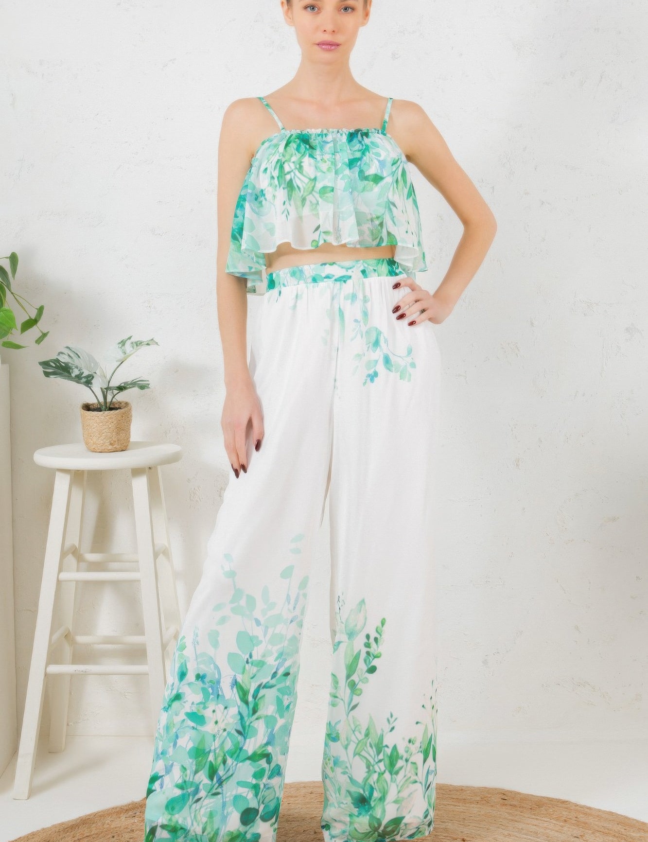 Printed Crop Top & Wide Leg Long Pants Set Outfit Sets