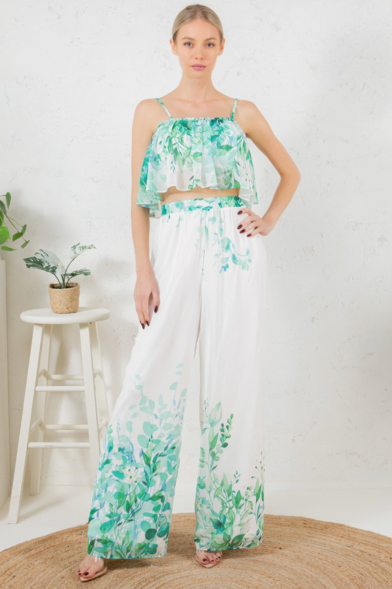 Printed Crop Top & Wide Leg Long Pants Set Outfit Sets