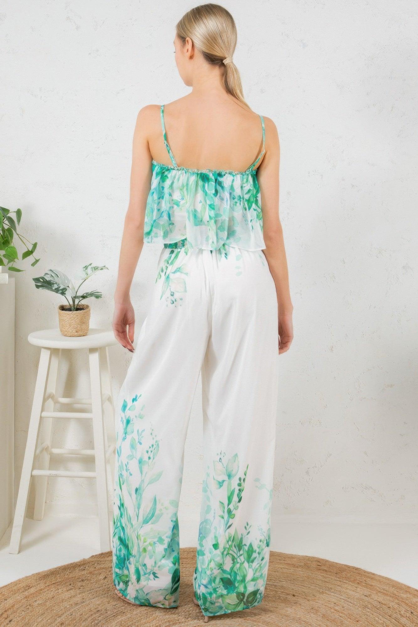 Printed Crop Top & Wide Leg Long Pants Set Outfit Sets
