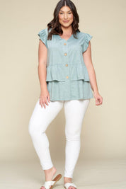 Plus Size Teal Solid Button Flutter Sleeve Top | Blouses Daverri Fashions